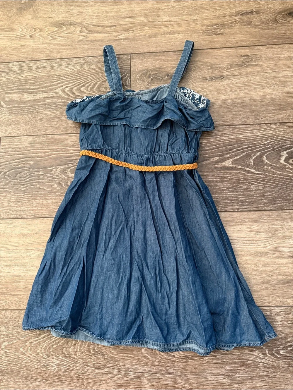 Justice Navy Blue Embroidered Ruffle Sundress with Tan Braided Belt